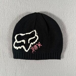 Vintage Y2K Fox Racing Motorcross Black and Pink Beanie Hat Skater Goth Punk